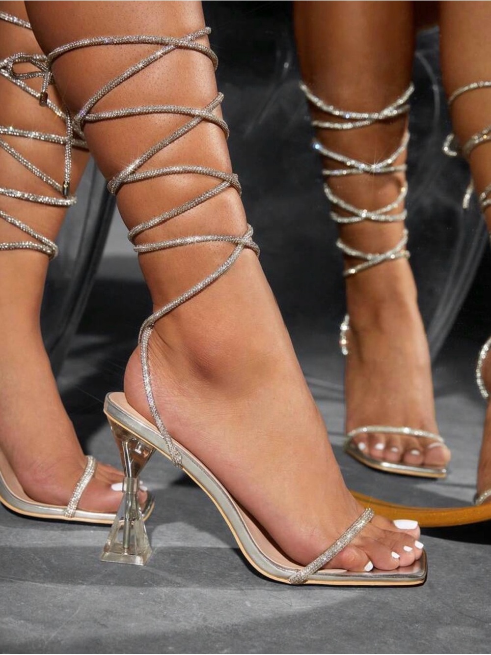 Strappy Metallic Lace-Up Heeled Sandals - Silver